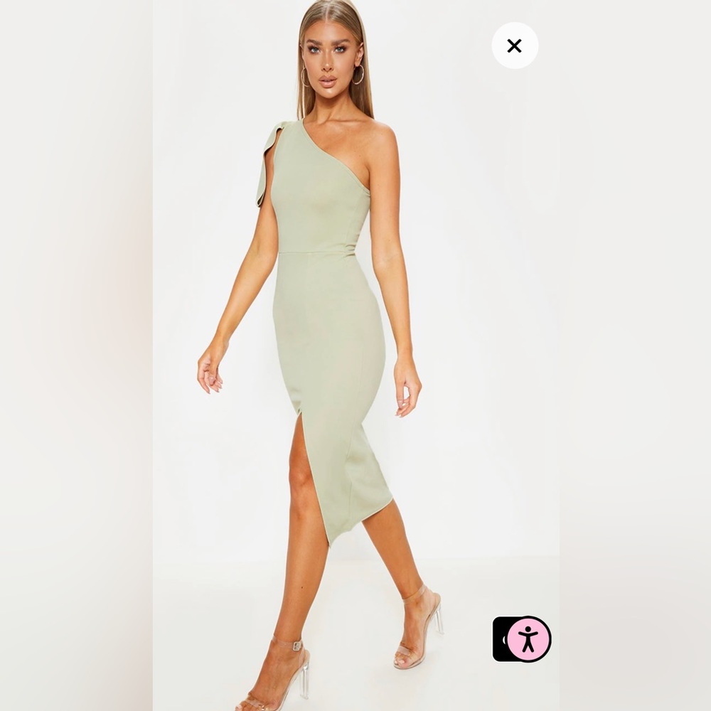 Sage Green One Shoulder Bow Detail Midi Dress
